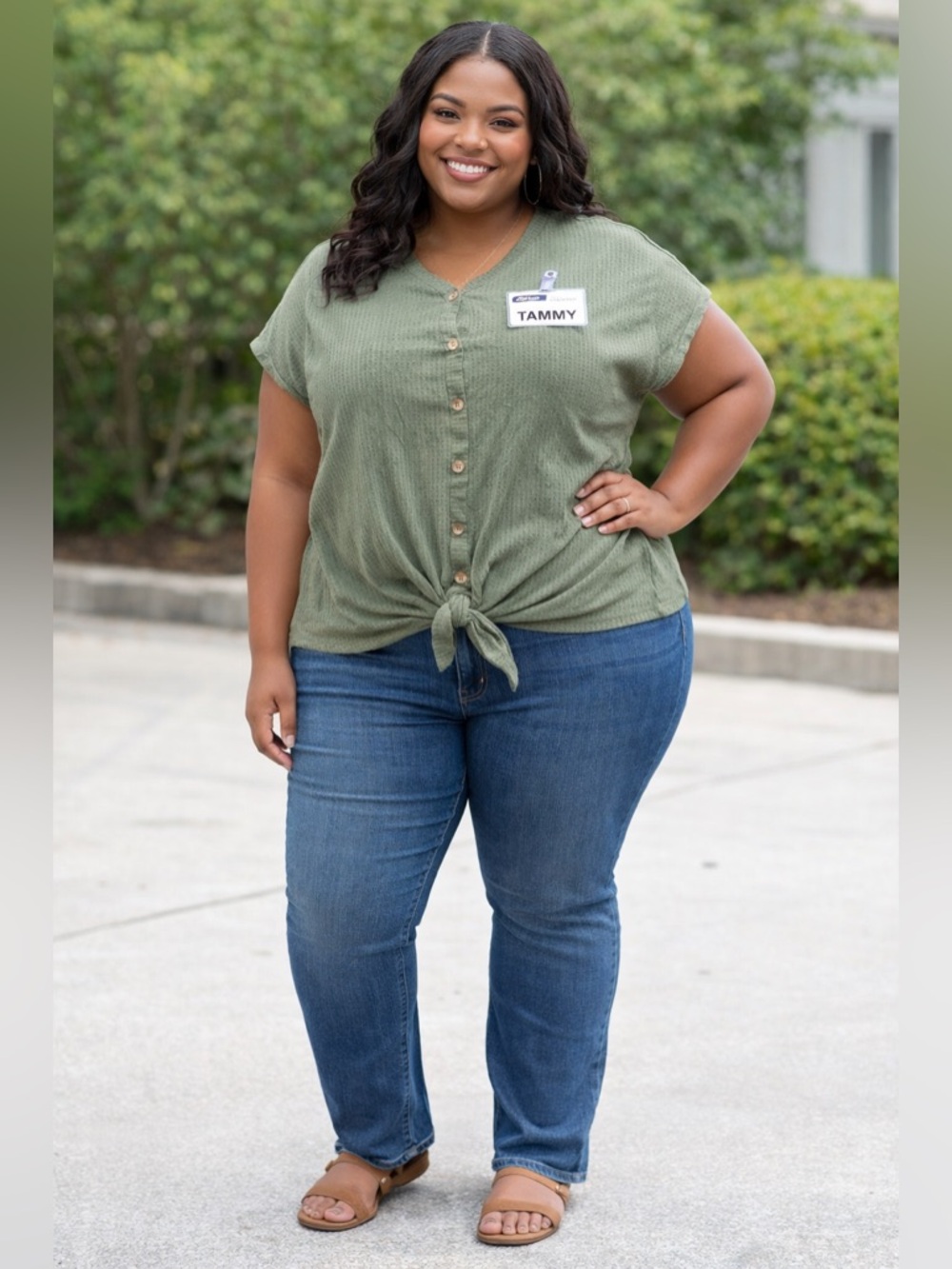 Torrid 2XL Olive Green Button-Front Tie Hem Top